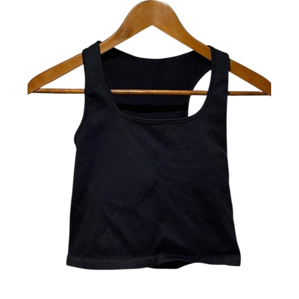 OQQ Shirt Womens Large Black Ribbed Crop Tank Top Racerback Nylon Stretch Yoga